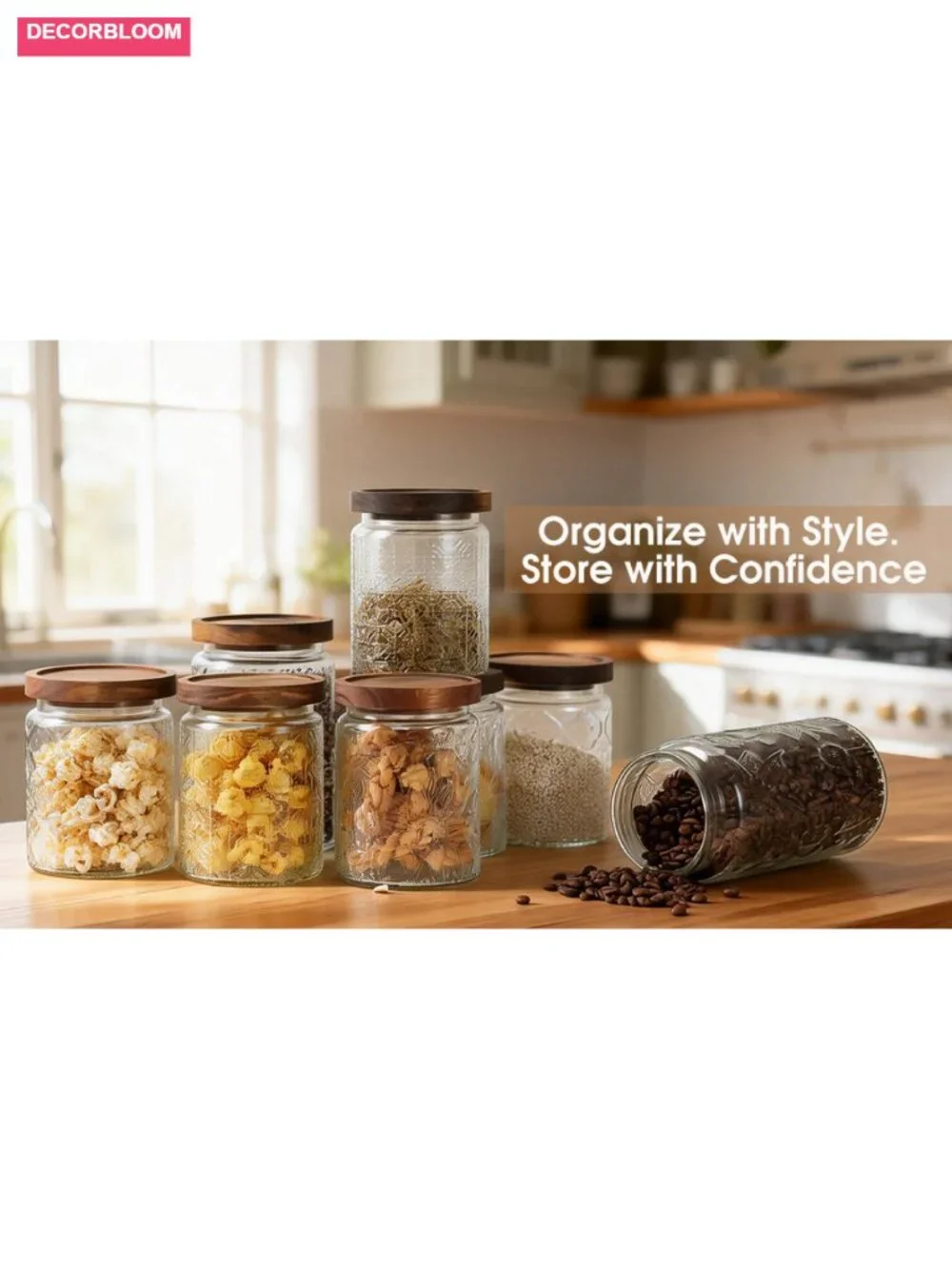 6 Pack Airtight Glass Storage Jar with Bamboo Lid - 24oz Food Canisters for